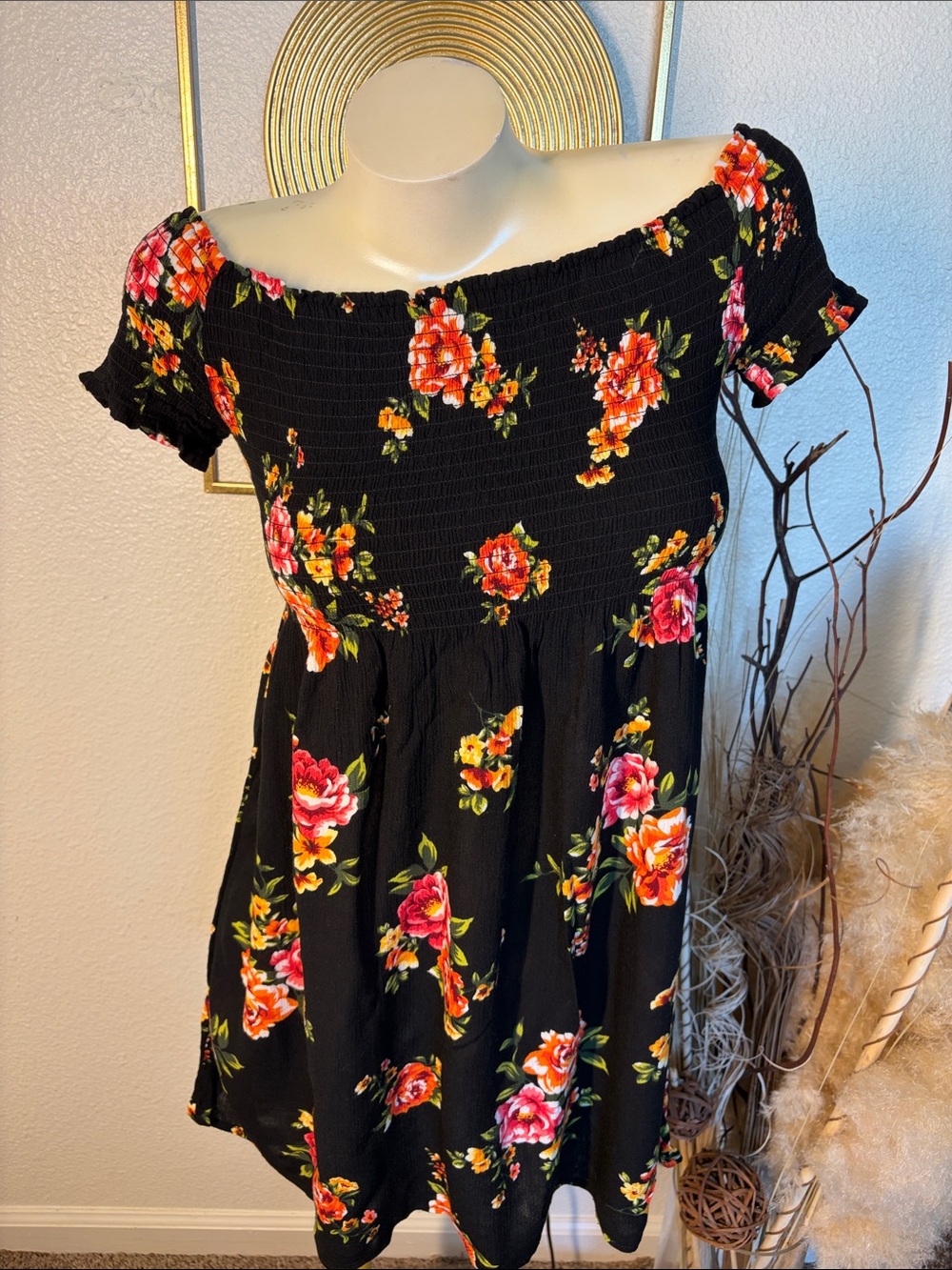 Off-Shoulder Black Floral Dress with Pink & Orange Roses